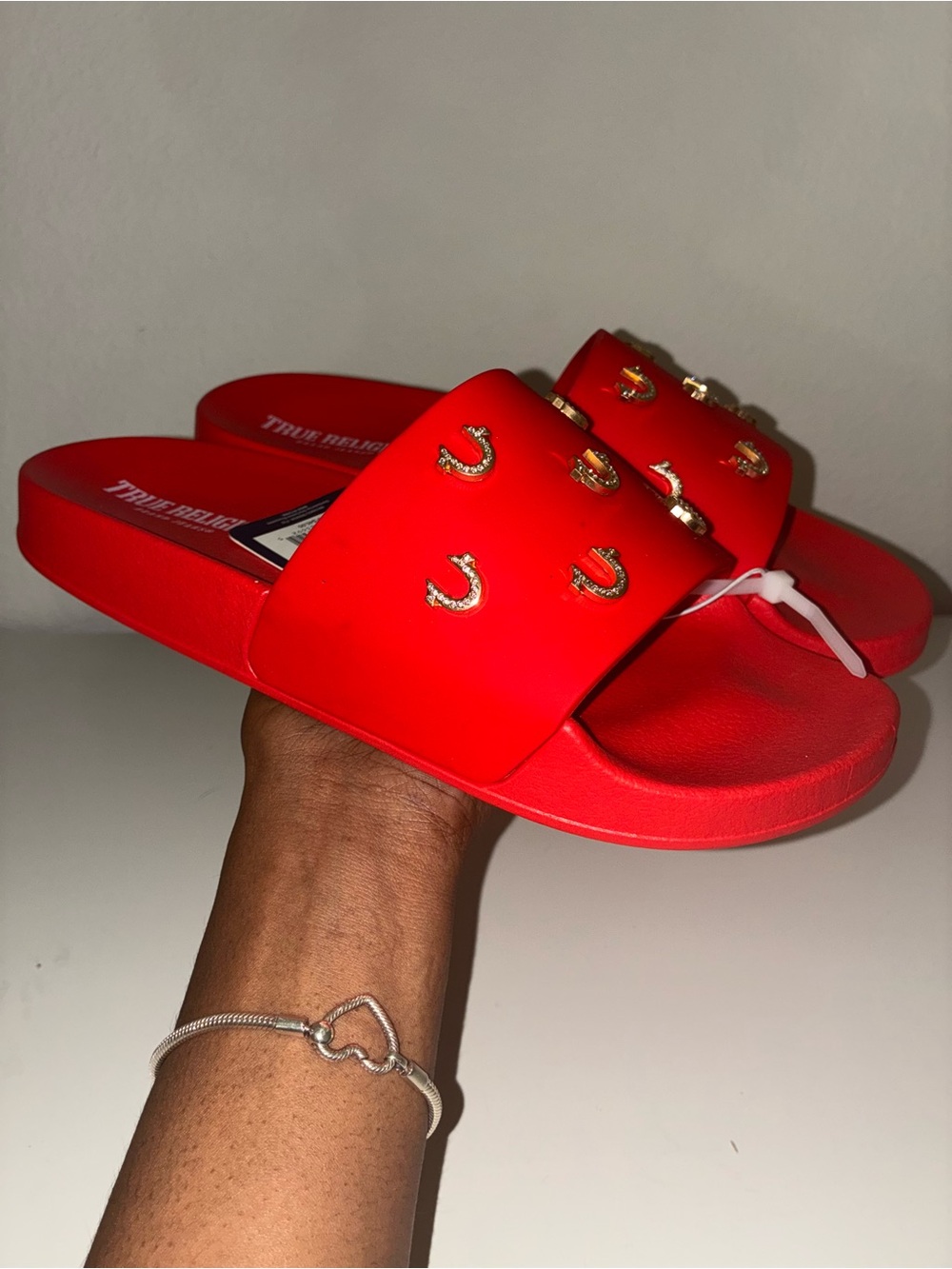 True Religion Red Slide Sandals with Gold Horseshoe Studs - Picture 3 of 3
